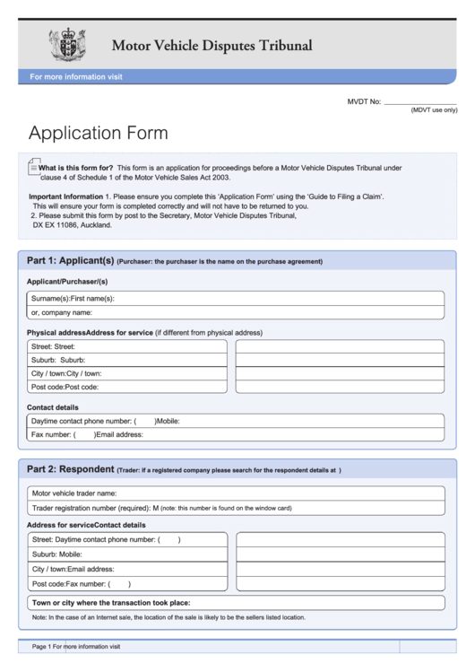 Fillable Application Form - Motor Vehicle Disputes Tribunal Printable pdf