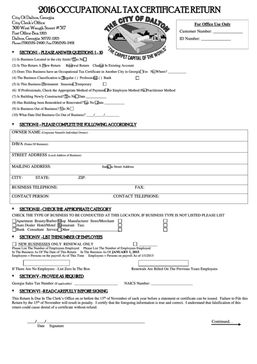Occupational Tax Certificate Return Form - City Of Dalton - 2016 Printable pdf