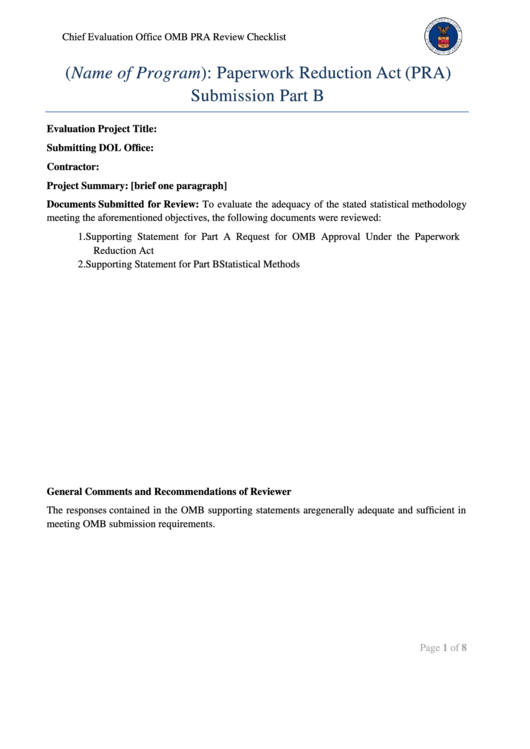 Paperwork Reduction Act (Pra) Submission Part B Printable pdf