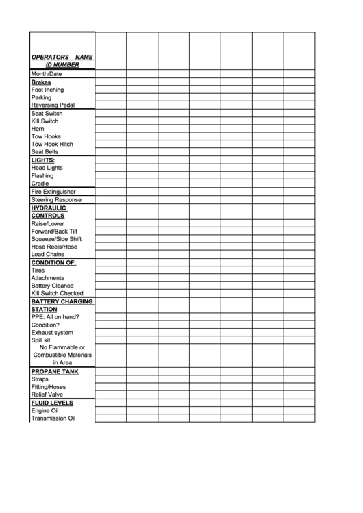 Lift Truck Check Sheet Template Printable pdf