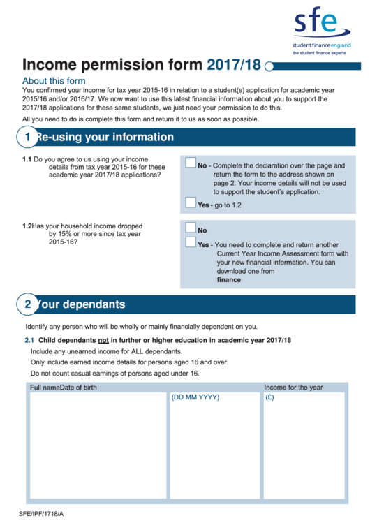 Fillable Income Permission Form - Student Finance England - 2017/18 Printable pdf