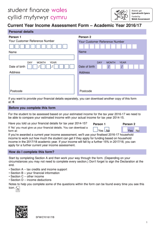 Fillable Current Year Income Assessment Form - Academic Year 2016/17 Printable pdf