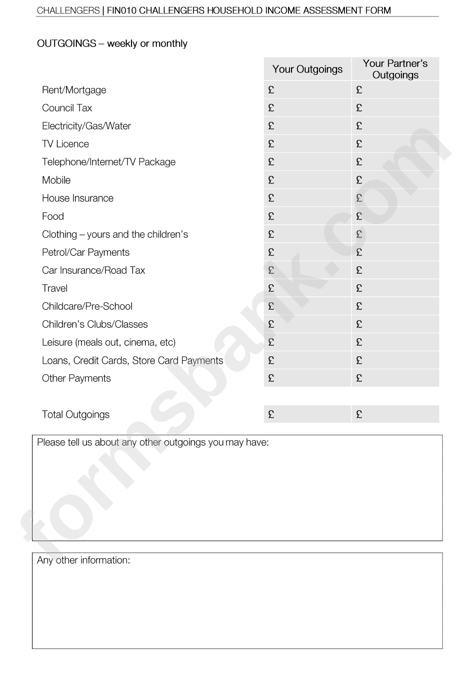 Household Income Assessment Form