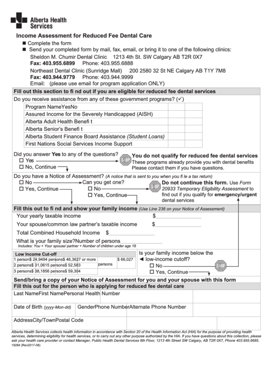 Income Assessment For Reduced Fee Dental Care - Alberta Health Services Printable pdf