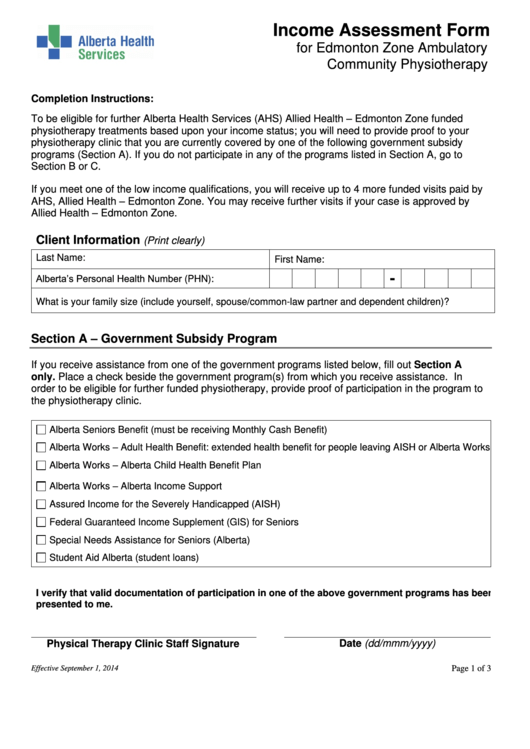 Income Assessment Form For Edmonton Zone Ambulatory Community Physiotherapy Printable pdf