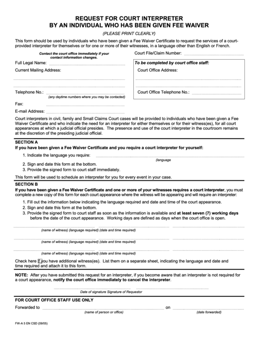 Form Fw-A 5 En Csd - Request For Court Interpreter By An Individual Who Has Been Given Fee Waiver Printable pdf
