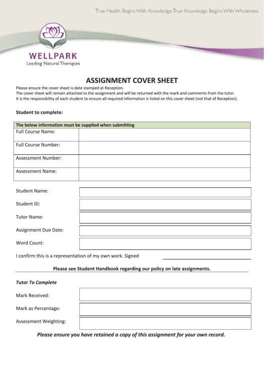 Assignment Cover Sheet Template Printable pdf
