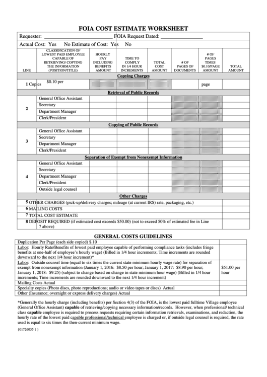 Foia Cost Estimate Worksheet Printable pdf