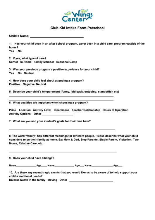 Club Kid Intake Form-Preschool Printable pdf