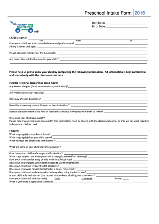 Preschool Intake Form Printable pdf