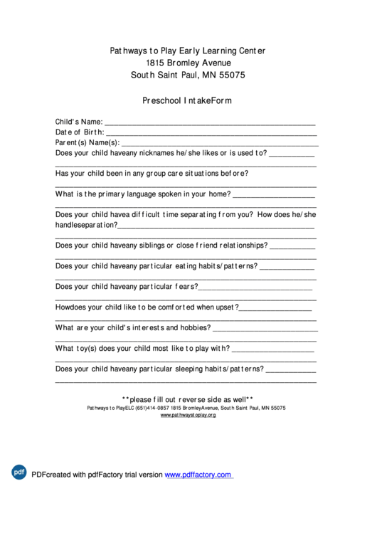 Preschool Intake Form Printable pdf