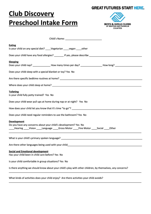 Club Discovery Preschool Intake Form Printable pdf