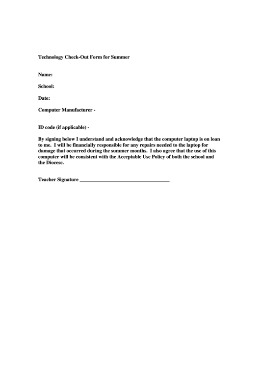 Technology Check-Out Form For Summer Printable pdf