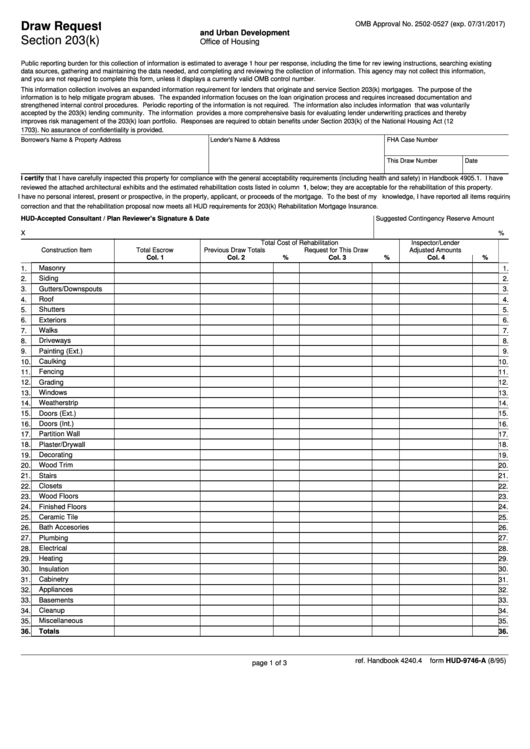 Fillable Form Hud-9746-A - Draw Request - U.s. Department Of Housing And Urban Development - Office Of Housing Printable pdf