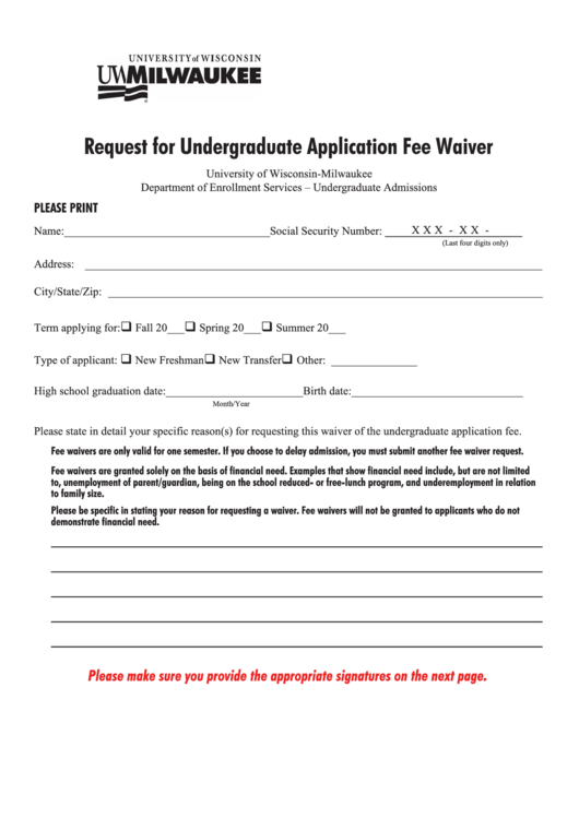 Request For Undergraduate Application Fee Waiver Template