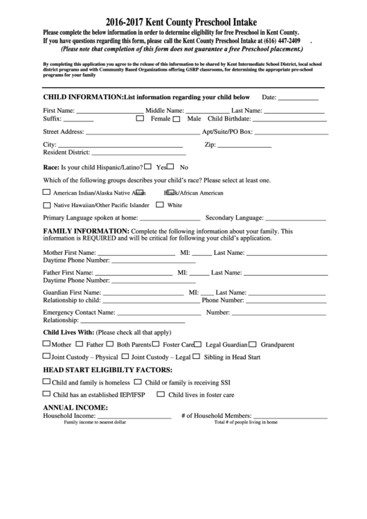2016-2017 Kent County Preschool Intake Form Printable pdf