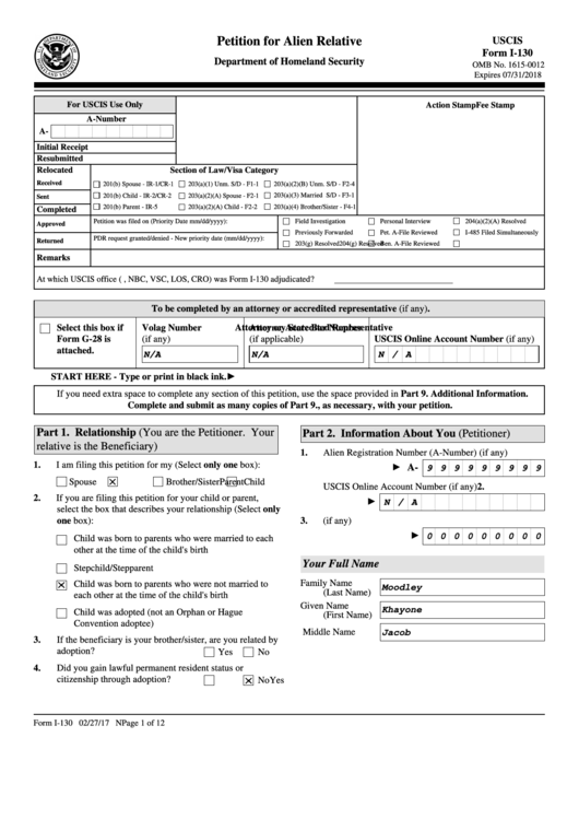 Fillable Form I-130 - Petition For Alien Relative Printable pdf
