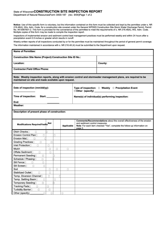 Form 3400-187 - Construction Site Inspection Report - Wisconsin Department Of Natural Resources Printable pdf