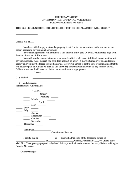 Three-Day Notice Of Termination Of Rental Agreement For Nonpayment Of Rent Printable pdf
