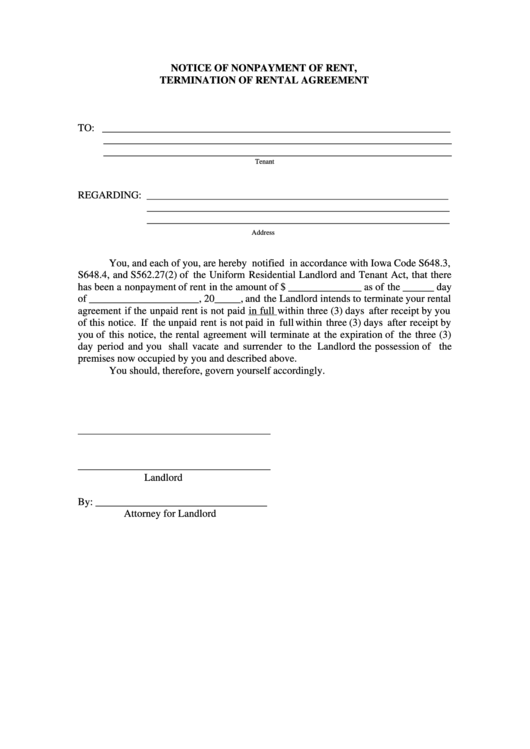 Notice Of Nonpayment Of Rent, Termination Of Rental Agreement Template Printable pdf
