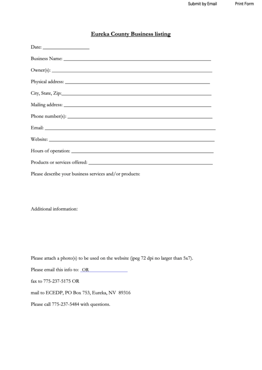 Fillable Eureka County Business Listing Form Printable pdf