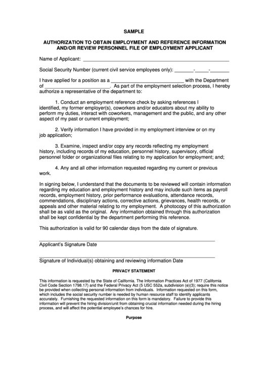 Authorization To Obtain Employment And Reference Information And/or Review Personnel File Of Employment Applicant Printable pdf