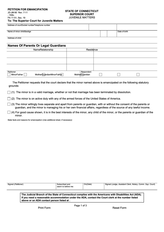Fillable Form Jd-Jm-90 - Petition For Emancipation - Connecticut Superior Court For Juvenile Matters Printable pdf
