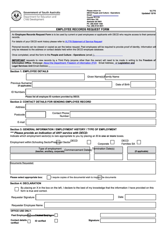 Fillable Form Vl775 - Employee Records Request Form Printable pdf