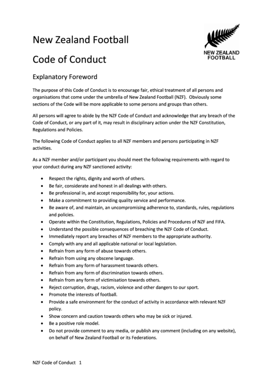 Code Of Conduct - Explanatory Foreword - New Zealand Football (Nzf) Printable pdf