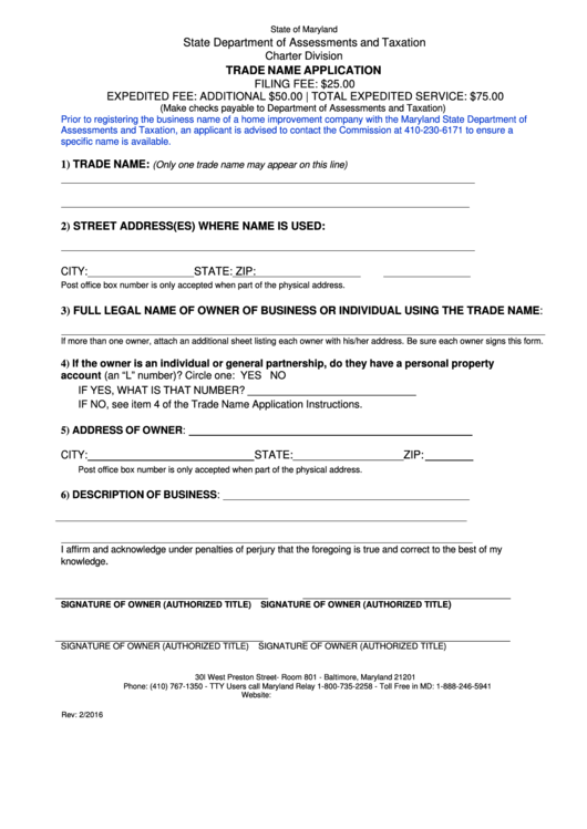 Trade Name Application - Maryland State Department Of Assessments And Taxation Printable pdf