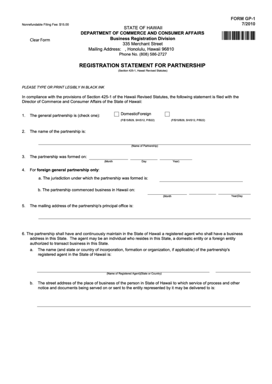 Fillable Form Gp-1 - Registration Statement For Partnership Printable pdf