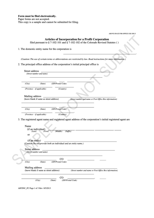 Form Artinc_pc - Articles Of Incorporation For A Profit Corporation Printable pdf