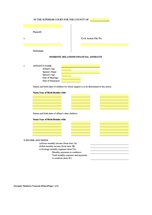 Domestic Relations Financial Affidavit Printable pdf