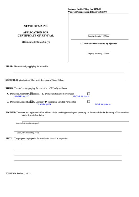 Fillable Application For Certificate Of Revival - Maine Secretary Of State Printable pdf
