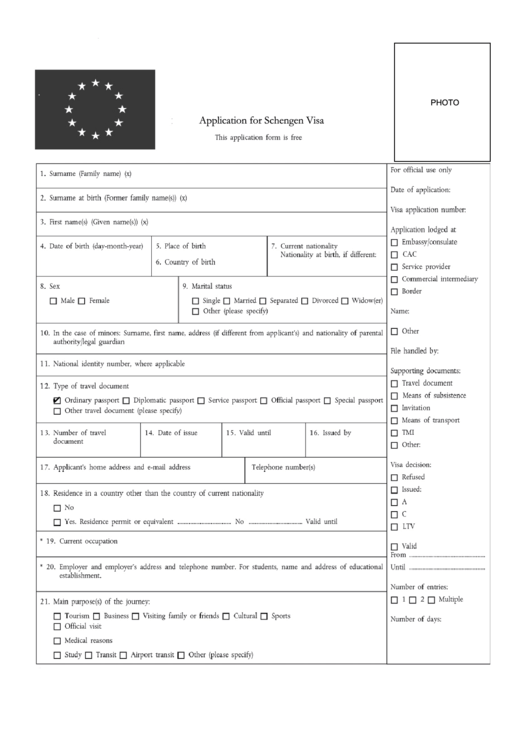 Fillable Application For Schengen Visa Printable pdf