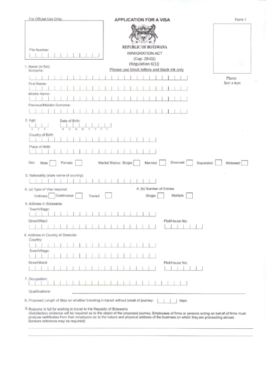 Application For A Visa - Republic Of Botswana Printable pdf