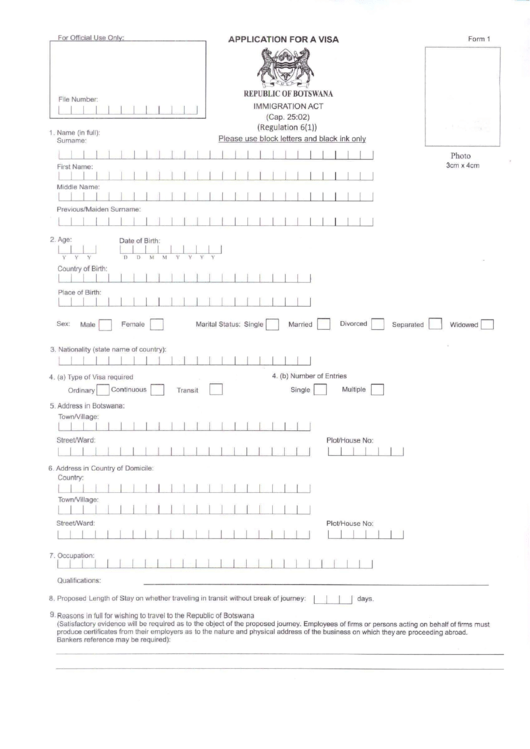 Application For A Visa - Republic Of Botswana