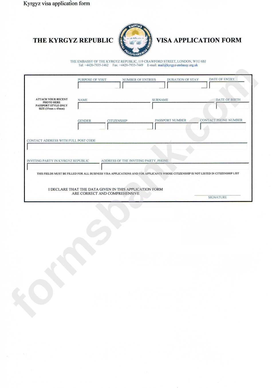 The Kygyz Republic Visa Application Form