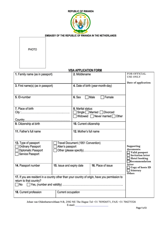 Fillable Visa Application Form - Embassy Of The Republic Of Rwanda In The Netherlands Printable pdf