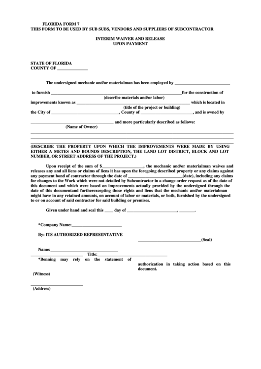 Florida Form 7 - Interim Waiver And Release Upon Payment Printable pdf