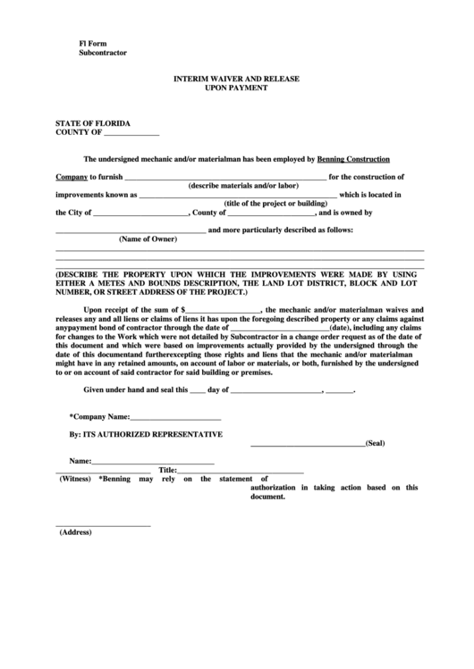 Fi Form (Subcontractor) - Interim Waiver And Release Upon Payment Printable pdf