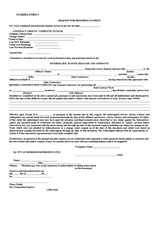 Florida Form 3 - Request For Progress Payment Printable pdf
