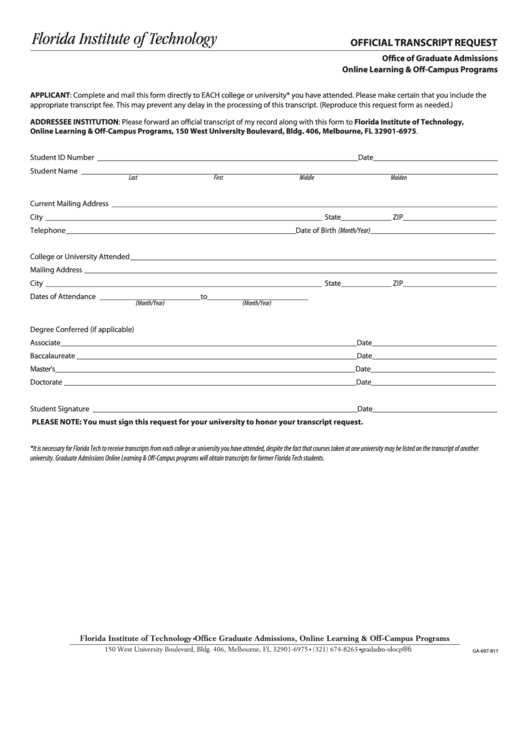 Fillable Form Ga-697-811 - Official Transcript Request - Online And Off-Campus Students - Florida Institute Of Technology Printable pdf
