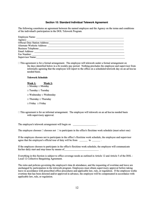 Standard Individual Telework Agreement Form - U.s. Department Of Labor Printable pdf