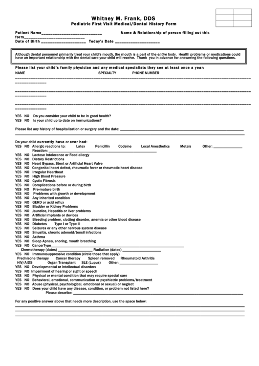 Pediatric First Visit Medical/dental History Form Printable pdf