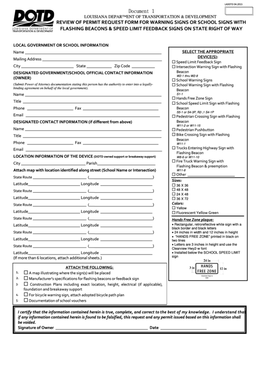 Fillable Review Of Permit Request Form For Warning Signs Or School Signs With Flashing Beacons & Speed Limit Feedback Signs On State Right Of Way Printable pdf