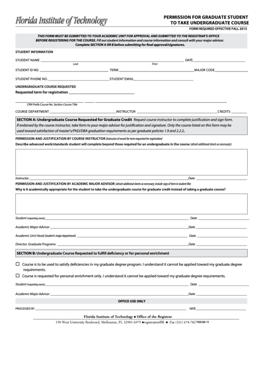 Fillable Form Rgr-226-115 - Permission For Graduate Student To Take Undergraduate Course - Florida Institute Of Technology - 2015 Printable pdf