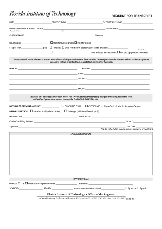 Fillable Form Rgr-196-414 - Request For Transcript - Florida Institute Of Technology Printable pdf