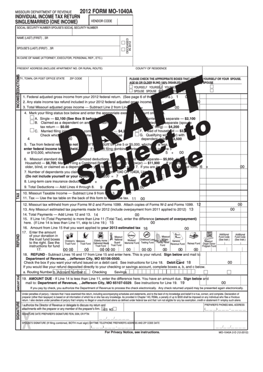 Form Mo-1040a Draft - Individual Income Tax Return Single/married (One Income) - Missouri Department Of Revenue - 2012 Printable pdf