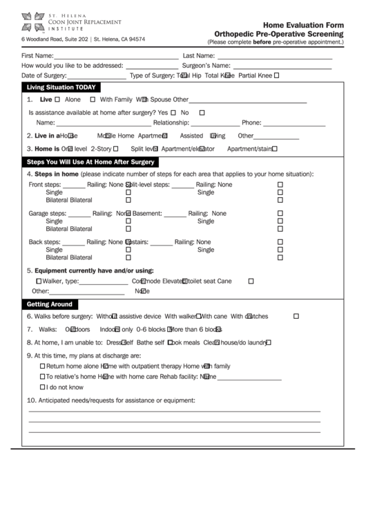 Fillable Home Evaluation Form - Orthopedic Pre-Operative Screening Printable pdf